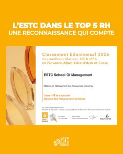 Diplôme du Classement Eduniversal 2026 certifiant l'ESTC School of Management classée n°5 en Gestion des Ressources Humaines en région Provence-Alpes-Côte d'Azur et Corse.